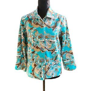 (381) Serengeti Cotton Blue Floral Print Denim Jacket size 8